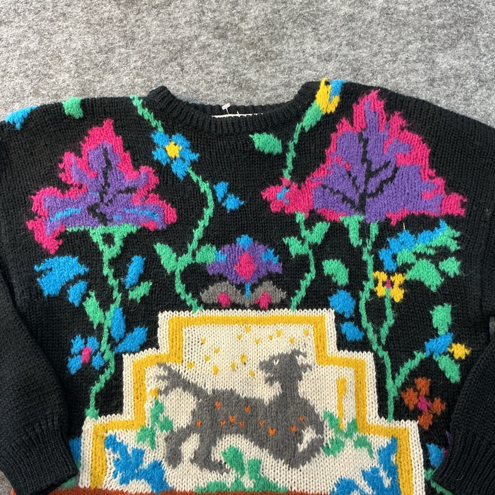 Vintage Kitty Hawk Vivian Wang Animal Sweater Black Floral Horse Wool 90s Knit - Picture 2 of 4